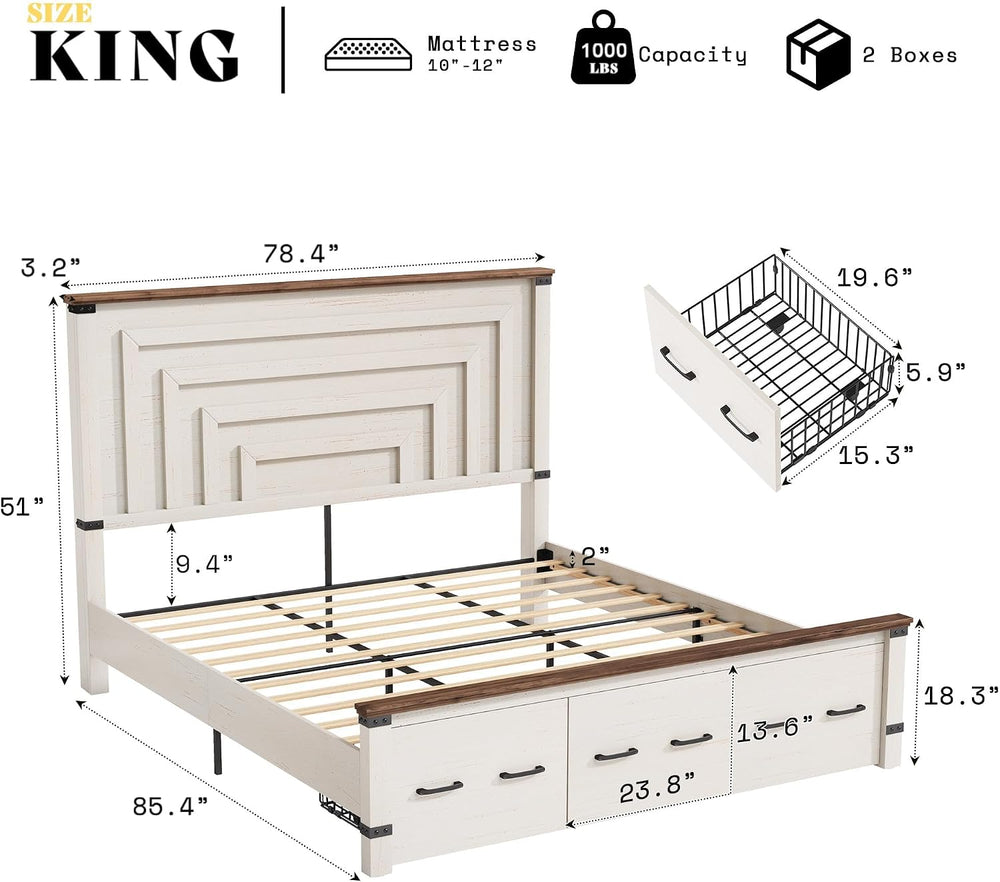 AMERLIFE 5-Piece Farmhouse Bedroom Set, Rustic Wood King Bed Frame with 51&qu...