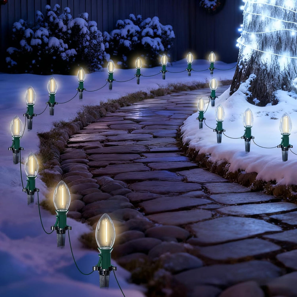 38FT C9 LED Christmas Pathway Lights with 25 C9 Bulbs and Stakes