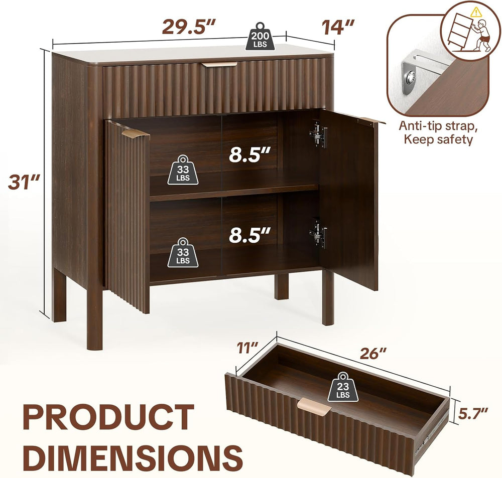 Fluted Buffet Cabinet Accent with Doors & Drawer 30" Walnut