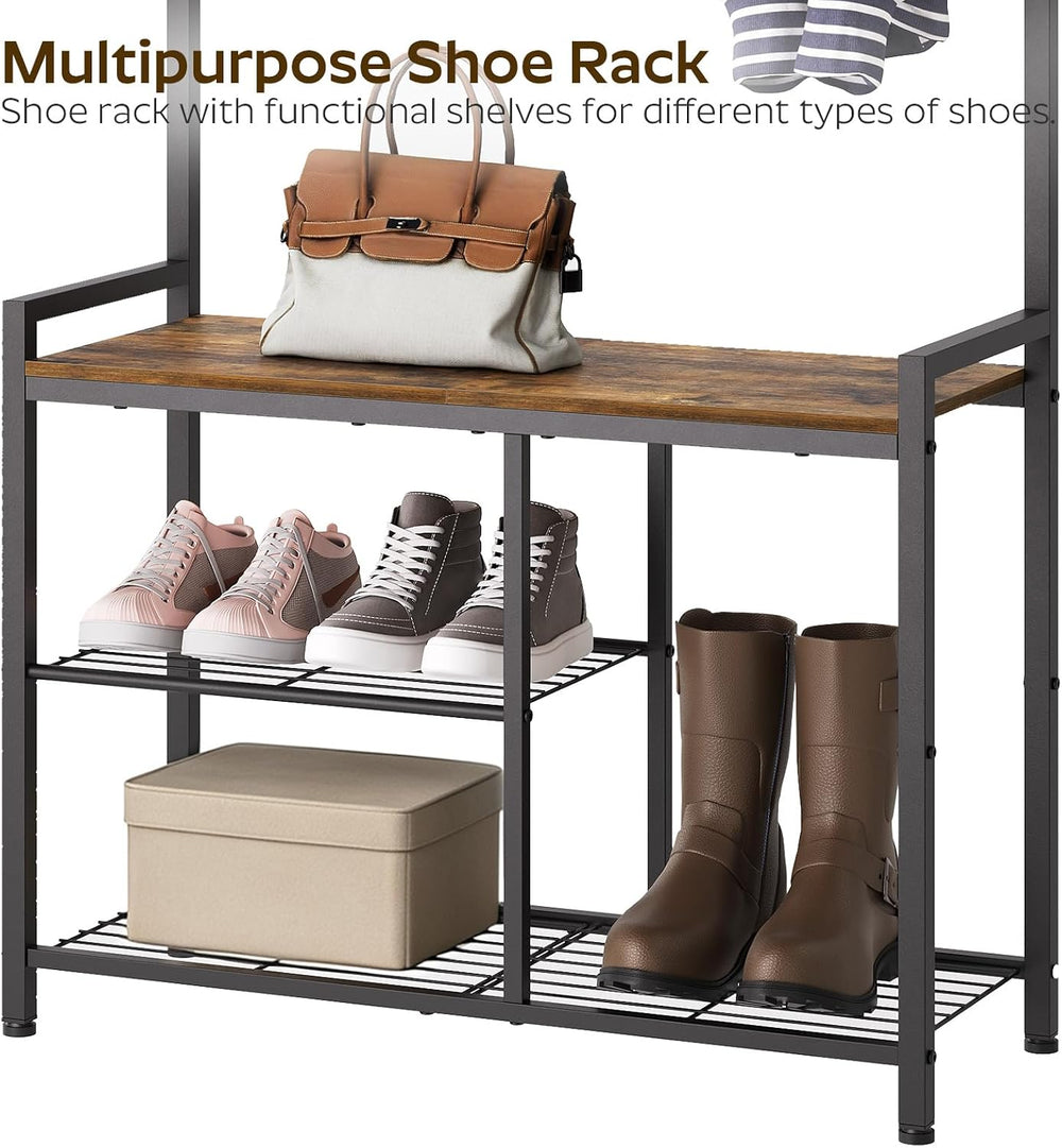 YATINEY Coat Rack Shoe Bench, 4-in-1 Hall Tree with Storage Shelves and Hangi...