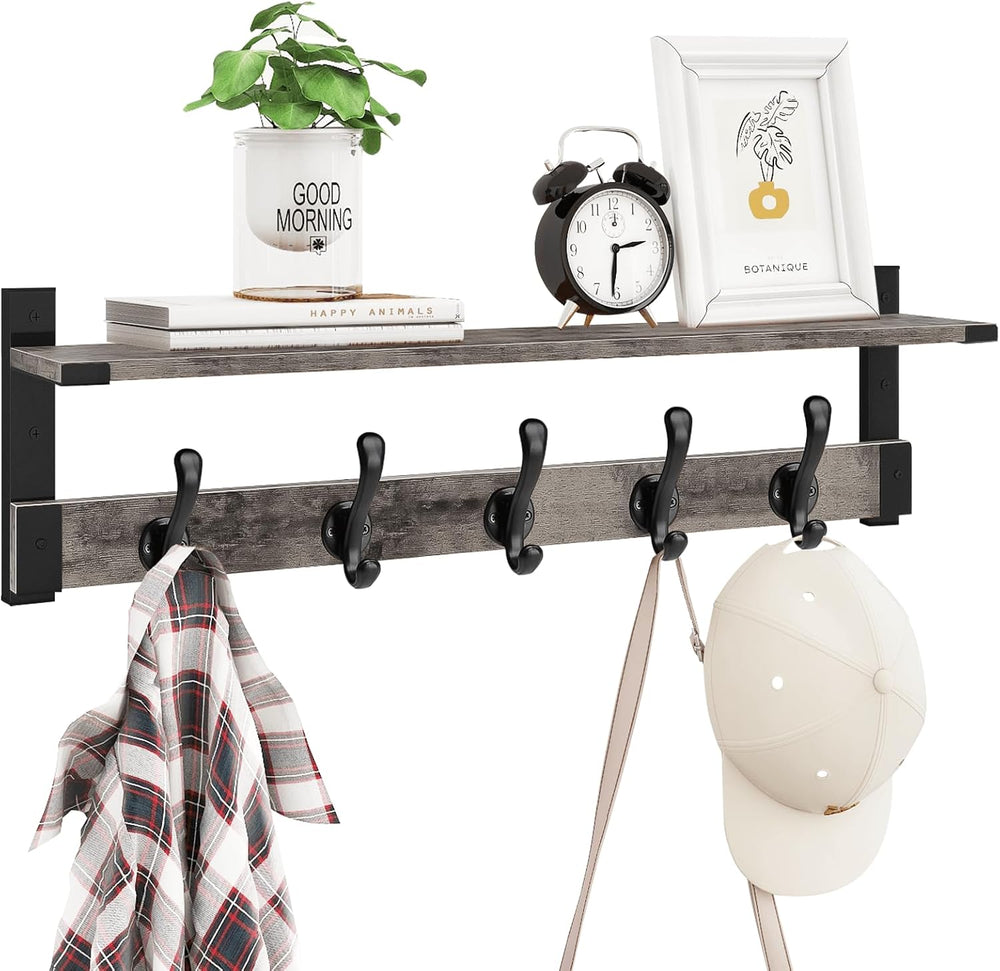 Homode Coat Rack Wall Mount with Shelf, 29 Inch Wall Shelf with Hooks, Grey