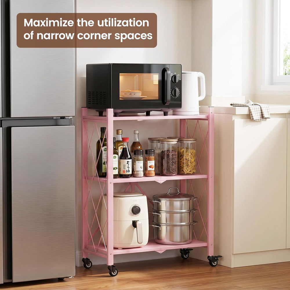 ALANNG 3 Tier Folding Shelf on Wheels, Heavy Duty Rolling Storage Cart