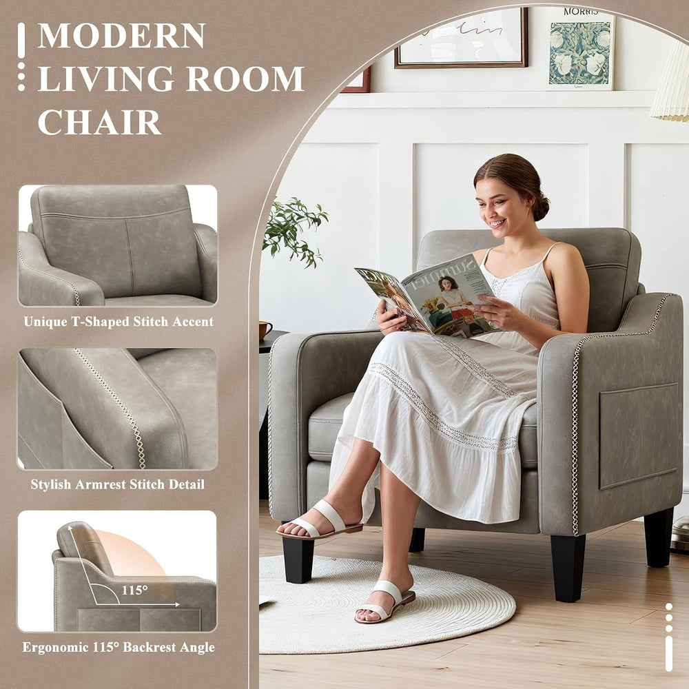 MALOL PU Leather Accent Chair with Solid Wood Frame, Grey