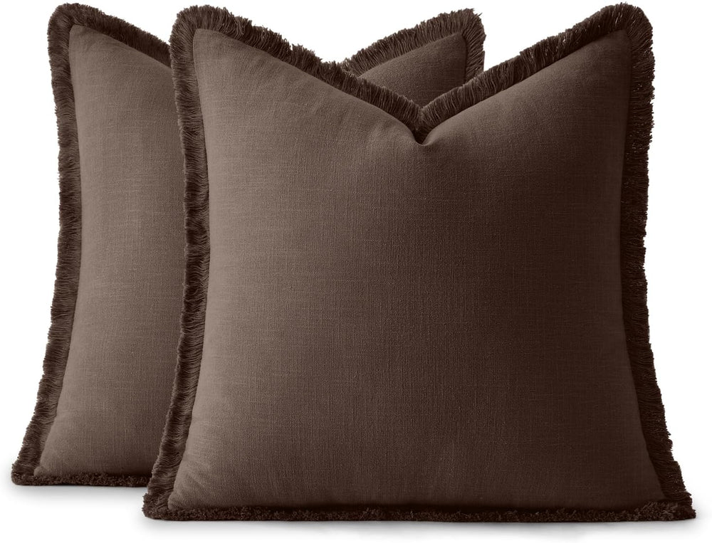 ANRODUO Decorative Linen Fringe Pillow Covers 20×20 Inch Mocha Brown 2 Pack