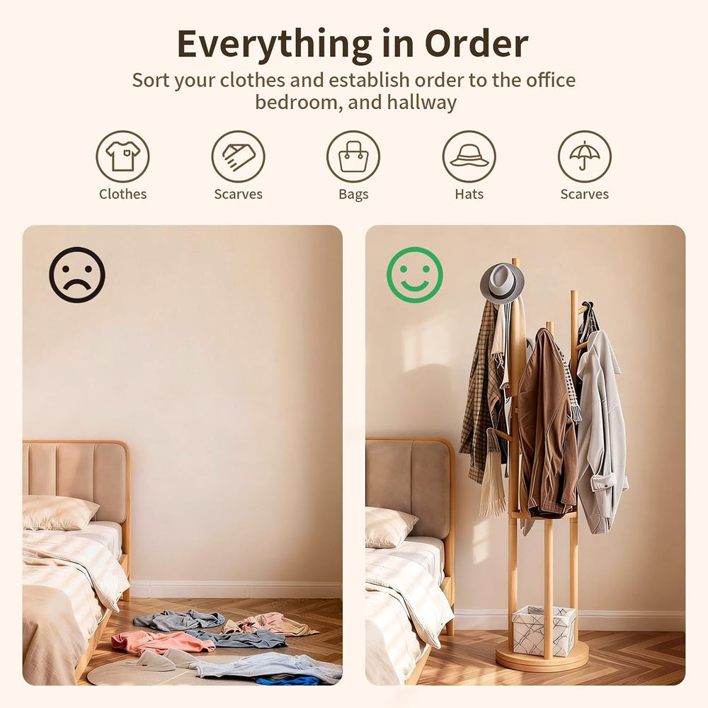 Solid Wood Rotary Coat Rack, Coat Rack Freestanding with 3 Storage Shelves &a...