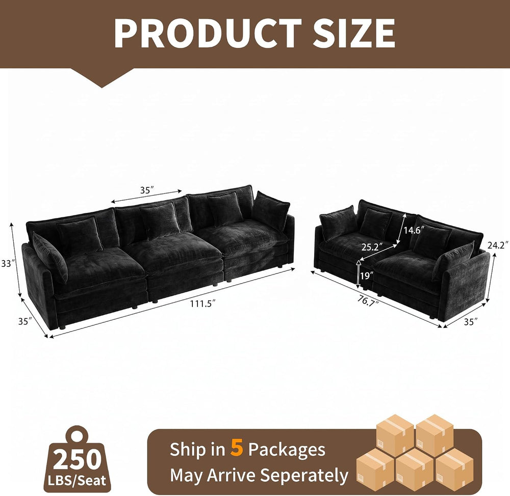 Tmsan Black 2 Piece Modular Cloud Sectional Sofa Couch and Loveseat Set