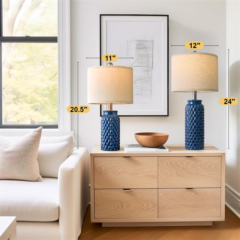 USumkky 24 inches Modern Ceramic Dark Blue Bedside Lamp Set of 2 for Bedroom ...