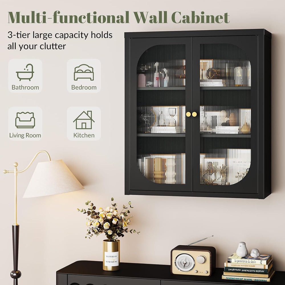 Bathroom Wall Cabinet with Fluted Doors, Fully Enclosed Metal Wall Cabinet