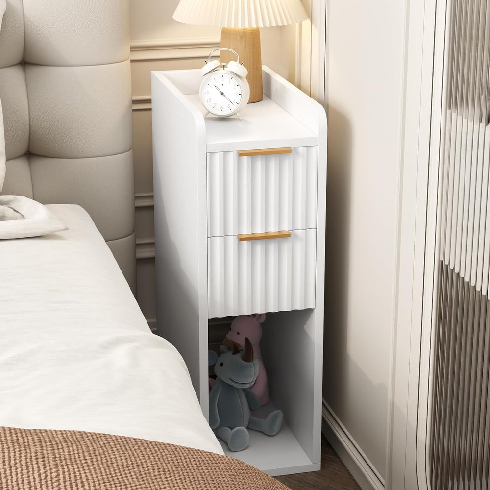Narrow Nightstand Set of 2, 7.9" Wood Nightstands w/Fluted 2 Drawer, Sli...