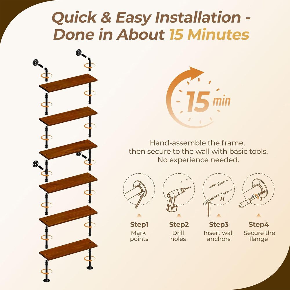 Industrial Pipe Bookshelf, Wall Mounted Shelf, 36 Inch, Walnut Brown