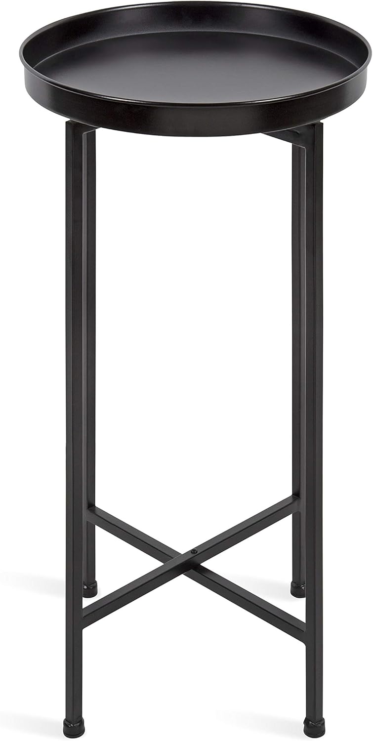 Kate and Laurel Celia Round Metal Foldable Accent Table with Tray Top, Black