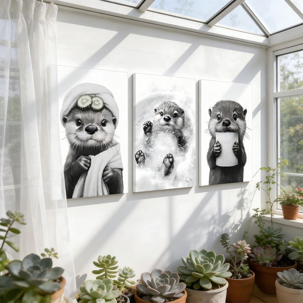 3Pcs Cute Otter Canvas Wall Art Funny Bathroom Paintings Pictures Wall Decor ...