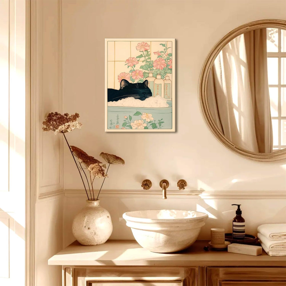 Funny Bathroom Wall Art Set of 3, Japanese Cute Black Cat Wall Decor Painting...
