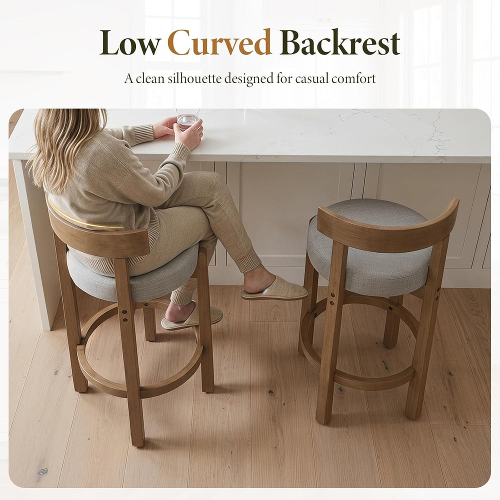 Ya-Home Mid-Century Bar Stools Set of 2, 26.5 Inch Linen Counter Height Uphol...
