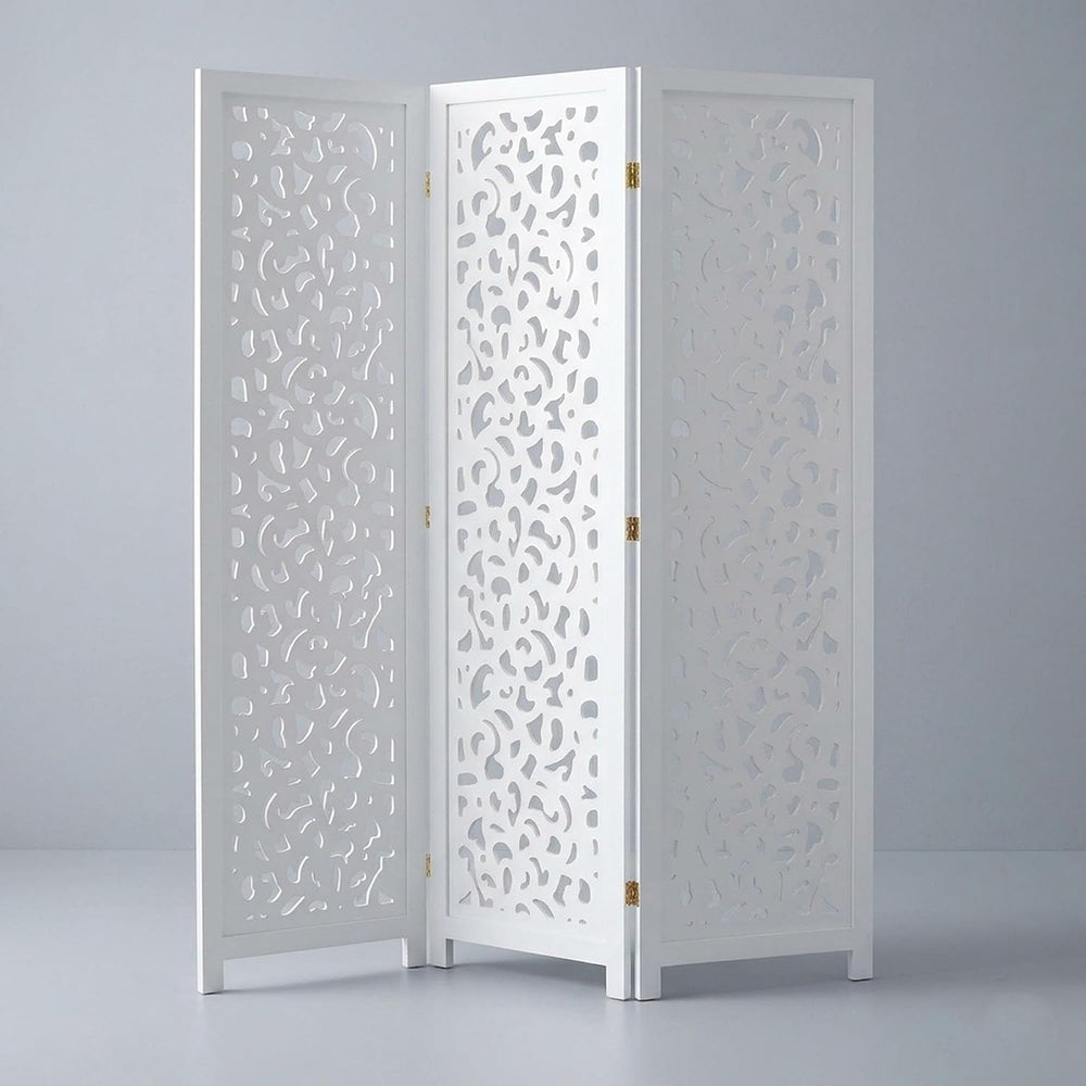 Legacy Decor 3 Panel Screen Room Divider Cutout Wood Insert White 68-in H