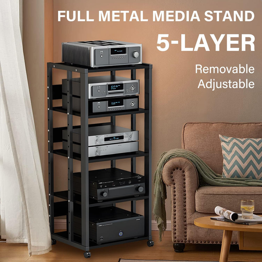 5-Tier AV Media Stand with Wheels, Modern Mobile Stereo Cabinet