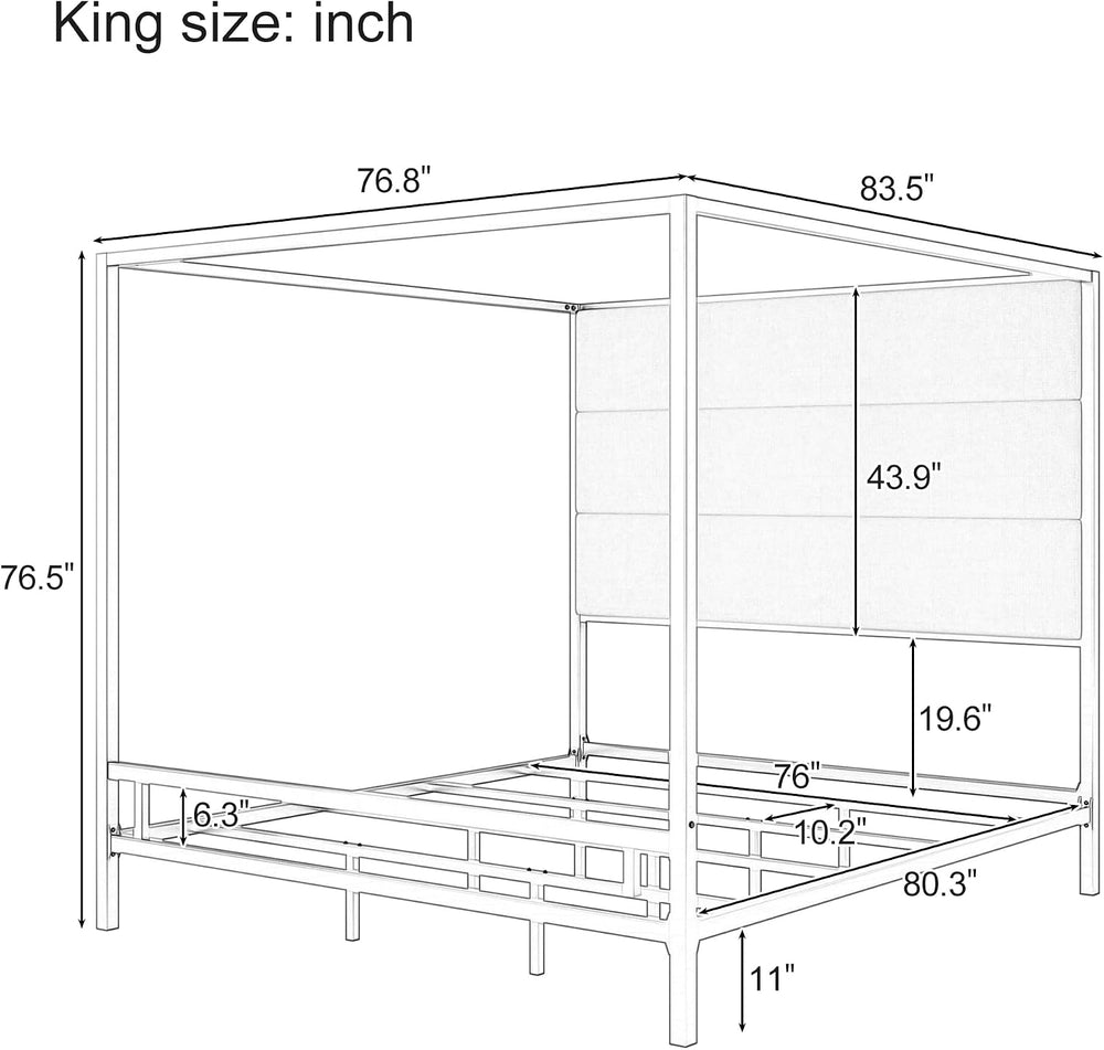 Merax King Canopy Bed Frame with Tall Linen Headboard, Metal 4 Poster Bed