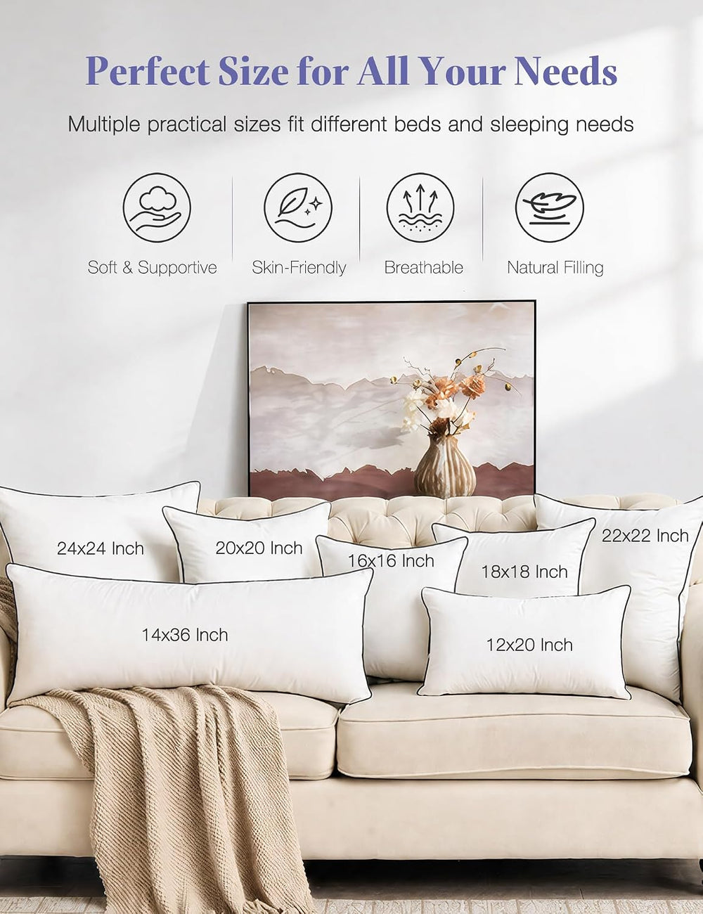 18x18 Feather Down Throw Pillow Inserts 2 Pack Organic Cotton Cover