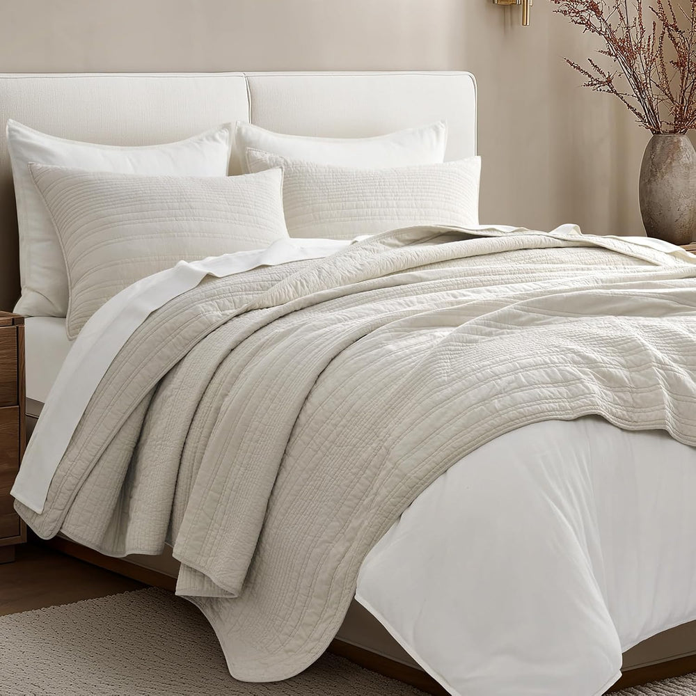 EVERGRACEHOME 100% Cotton Modern Lines Quilt Set Queen Size, Birch