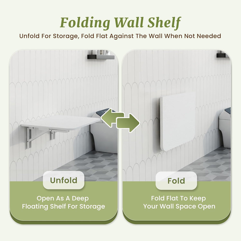 IAE 16 Inch Fold White Floating Wall Shelves, 12 Inch Deep Wood Wall Shelf