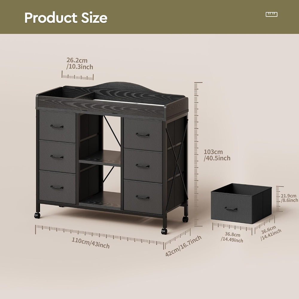 YeTom Changing Table, 6-Drawer Dresser, Adjustable Shelves, Mobile, Black