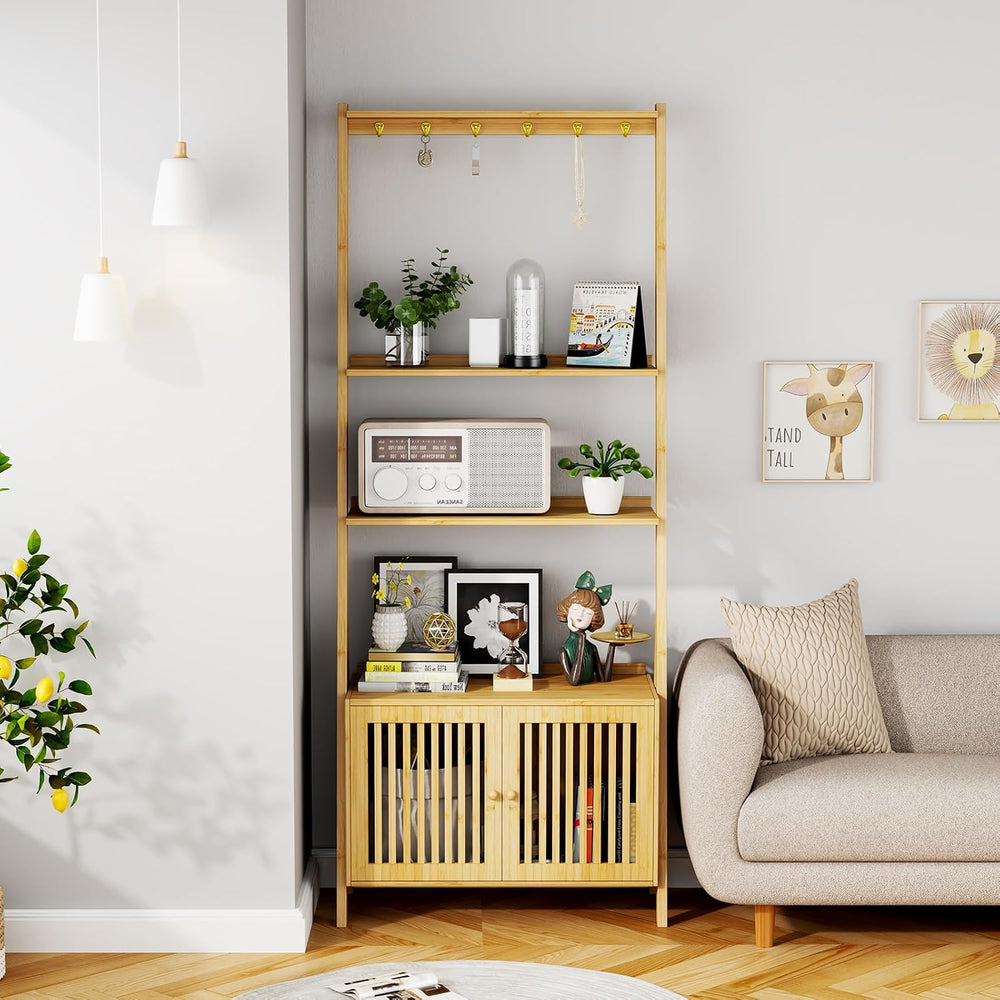 Bookshelf with Drawers, 4-Tier Bamboo Bookcase Ladder Shelf with 6 Hooks