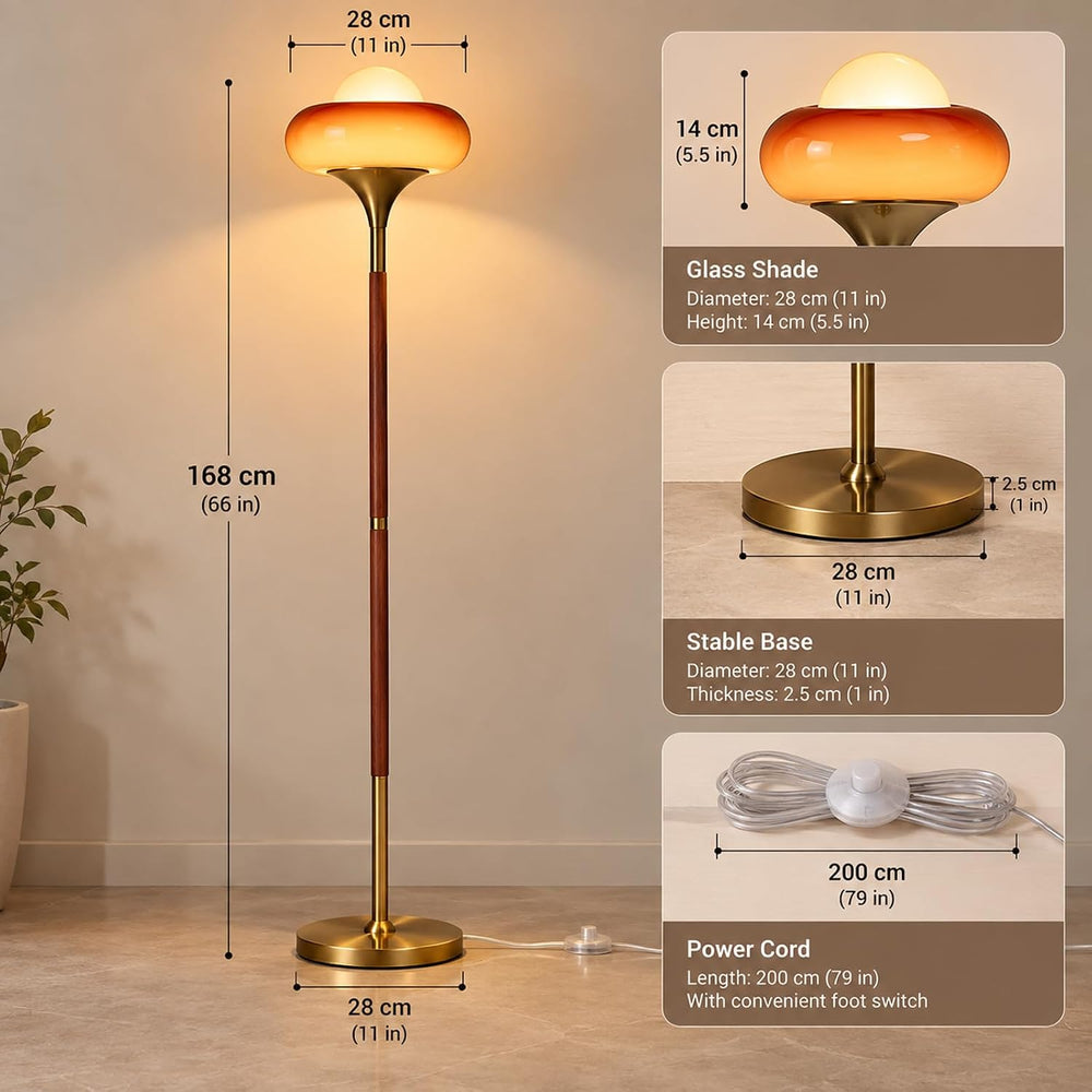 Mid Century Modern Orange Floor Lamp, Gradient Amber Glass Shade