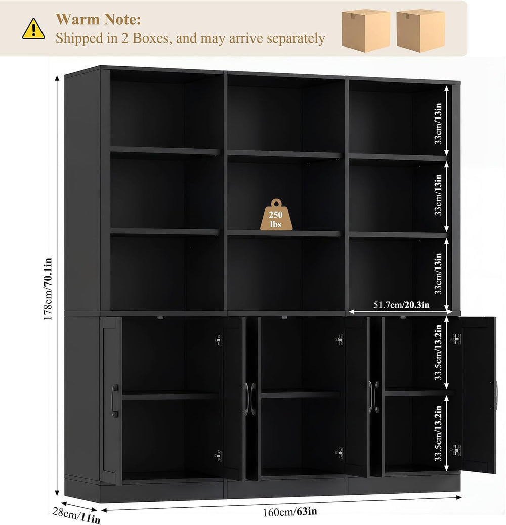 FINETONES 70” H x 63” W Triple Wide Bookshelf, Tall Bookcase with 6 Doors