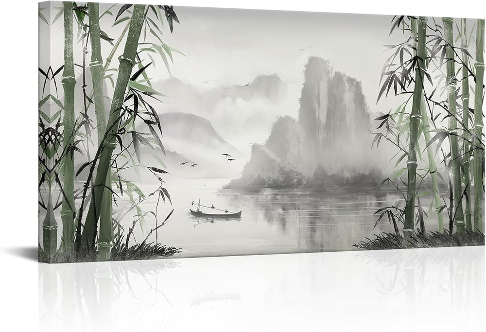 Biuteawal Black and White Nature Landscape Wall Art Green Bamboo Picture Canv...