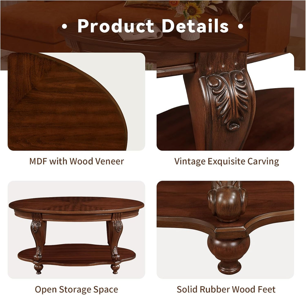 LKTART 42" Vintage Oval Coffee Table, 2 Tier with Storage Shelf, Cherry