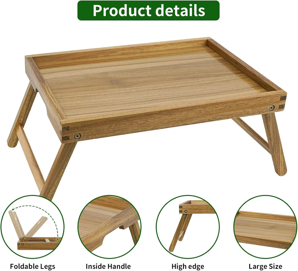 VaeFae Acacia Bed Tray Table with Folding Legs, Large