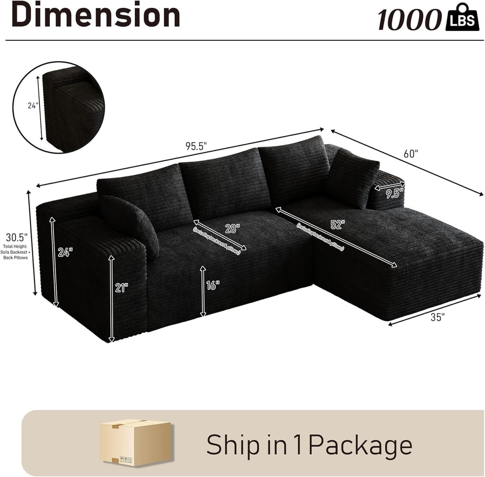 ONEMMLION 96" L-Shaped Cloud Boneless Couch Sofa with Chaise, Black