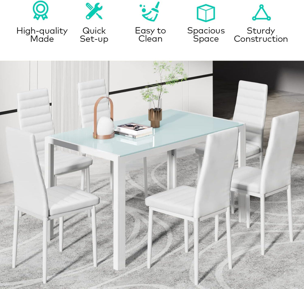 Gizoon White 7 Piece Glass Dining Table Set, Kitchen Table and Chairs Set