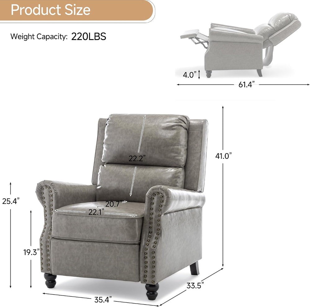 Pushback Recliner Chair, Modern Faux Leather Wingback Recliner, Gray