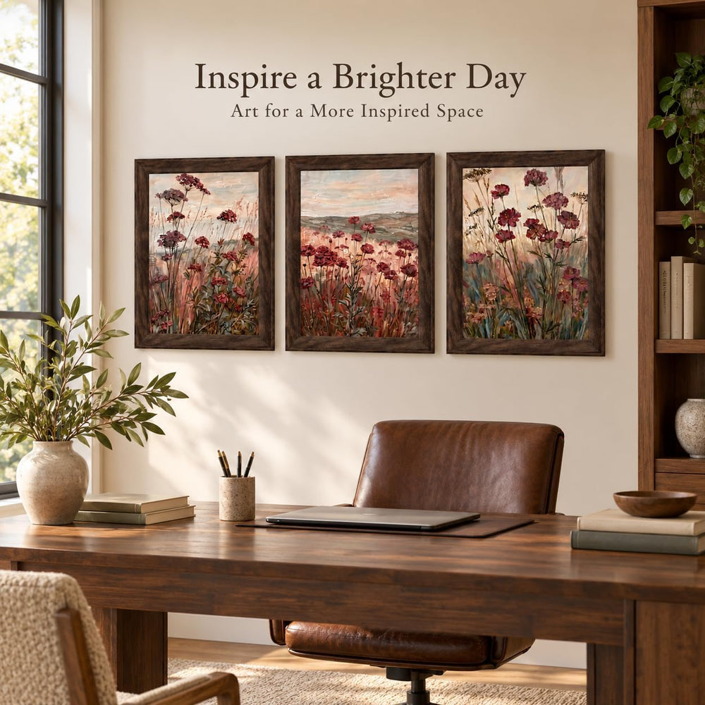 Floral Textured Canvas Wall Art Set 3Pcs Framed Rustic Botanical 16X12 Inch