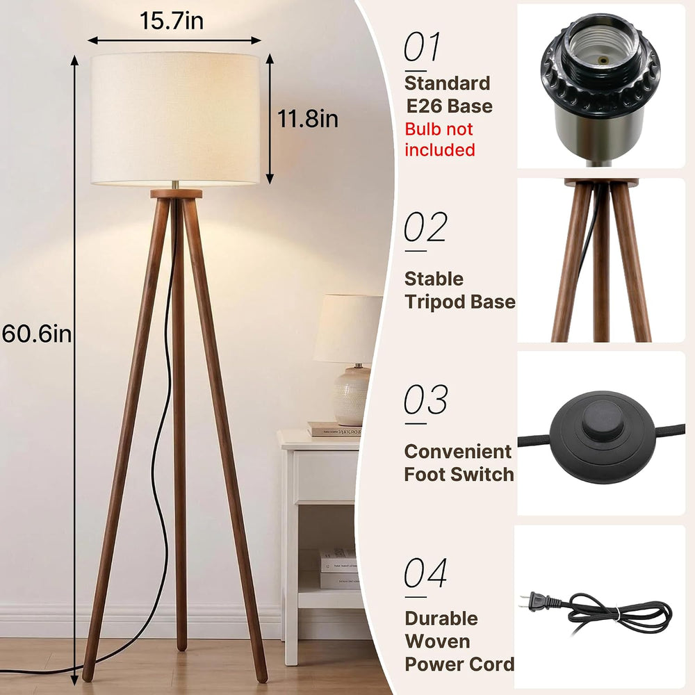 Buruis 60.6 Inch Walnut Wood Tripod Floor Lamp with Linen Drum Shade, Cream