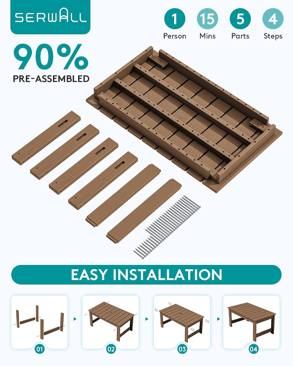 SERWALL HDPE Outdoor Coffee Table with Umbrella Hole, Brown