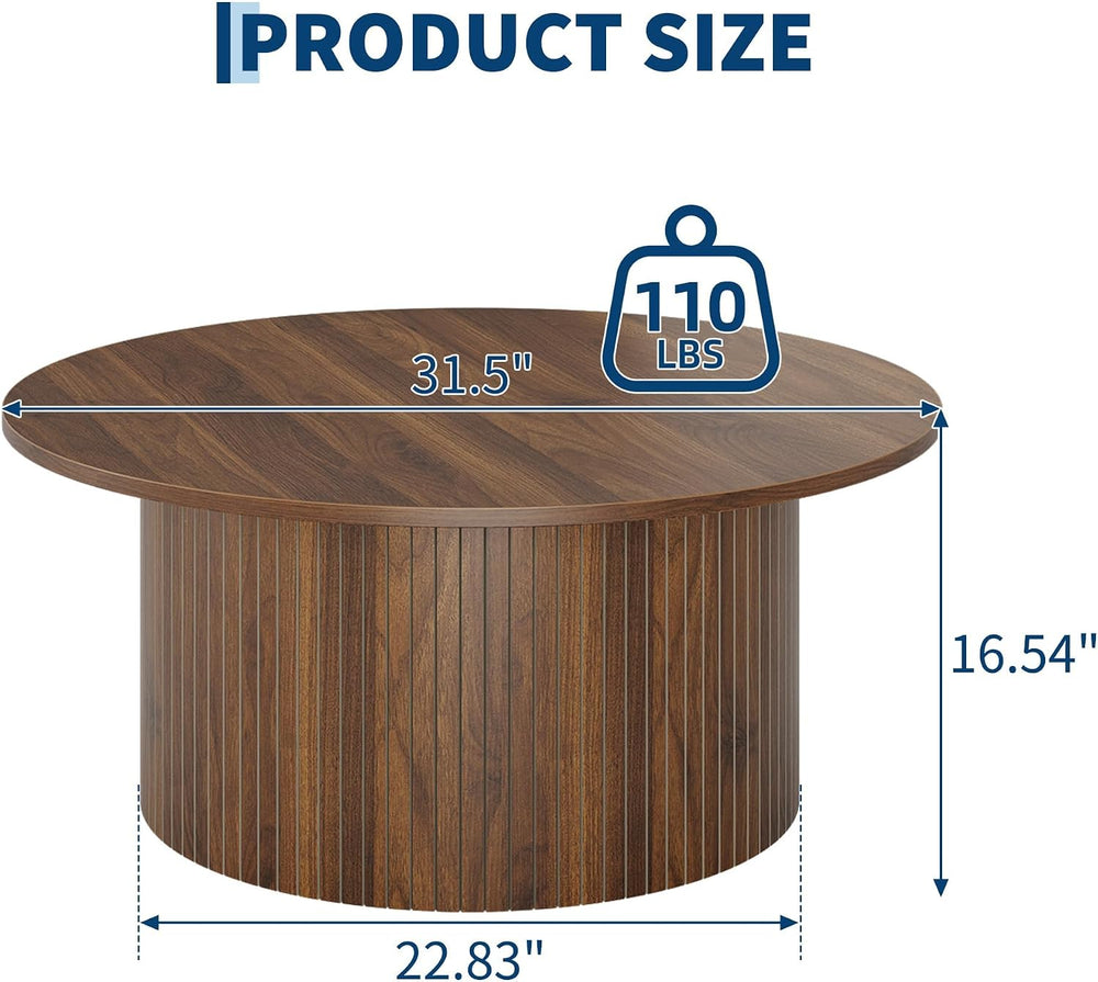 Garvee 31.5" Round Coffee Table, Small Coffee Table with Fluted, Walnut