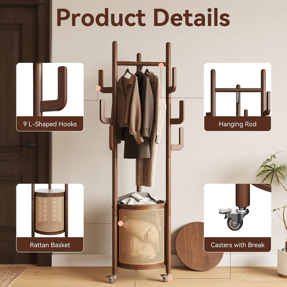 Yoobure Solid Wood Coat Rack - Rolling Clothes Rack with Rattan Basket