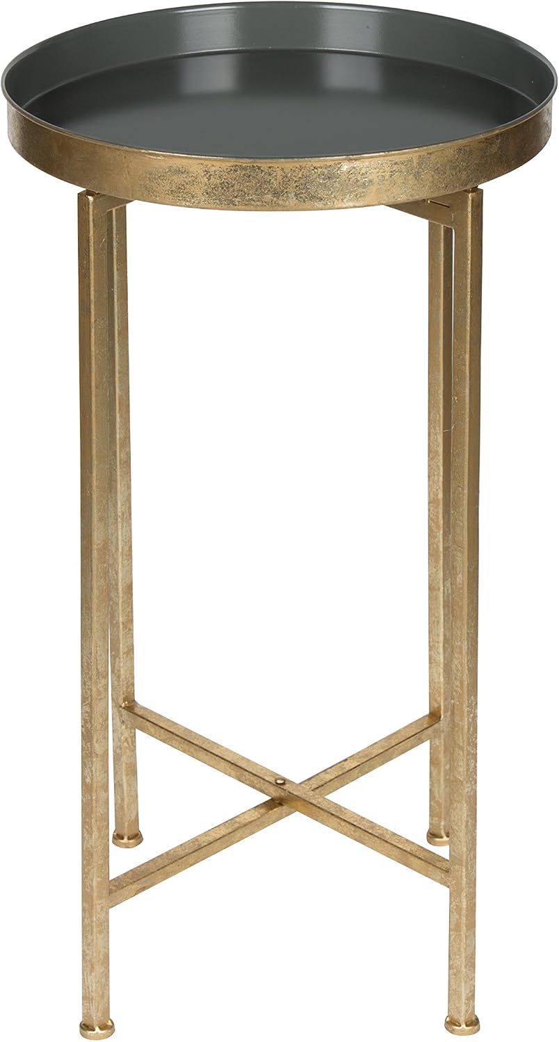 Kate and Laurel Celia Round Metal Foldable Tray Accent Table, Gray with Gold ...