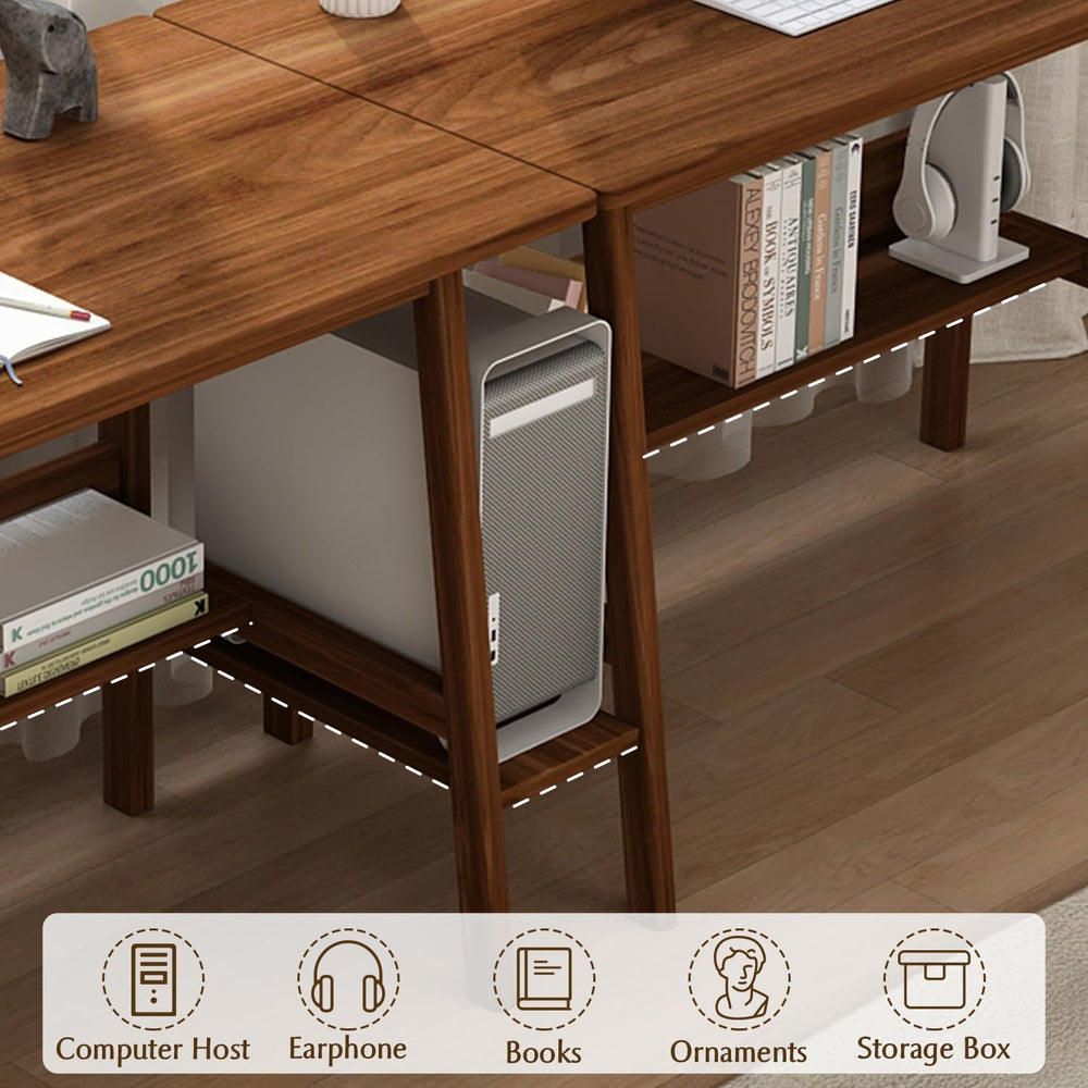 NELYE 2 Person Desk with Storage Bookshelf, 94” x 24” in, Walnut