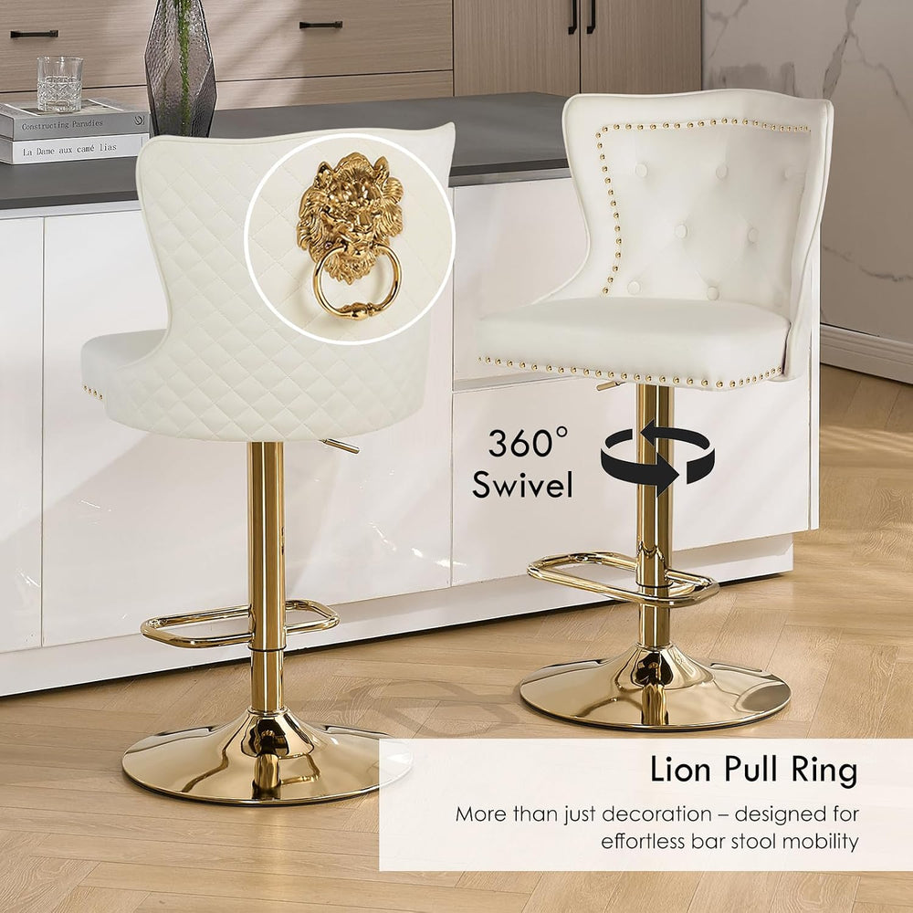 Velvet Swivel Bar Stools Set of 2, Adjustable Bar Height Chairs with Lion Pul...