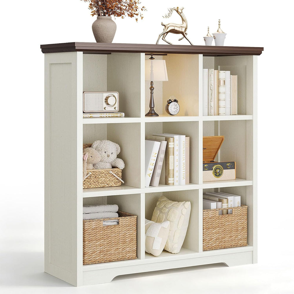 OffiGo 9 Cube Organizer Bookcase, Cube Shelf with Storage, Walnut + White
