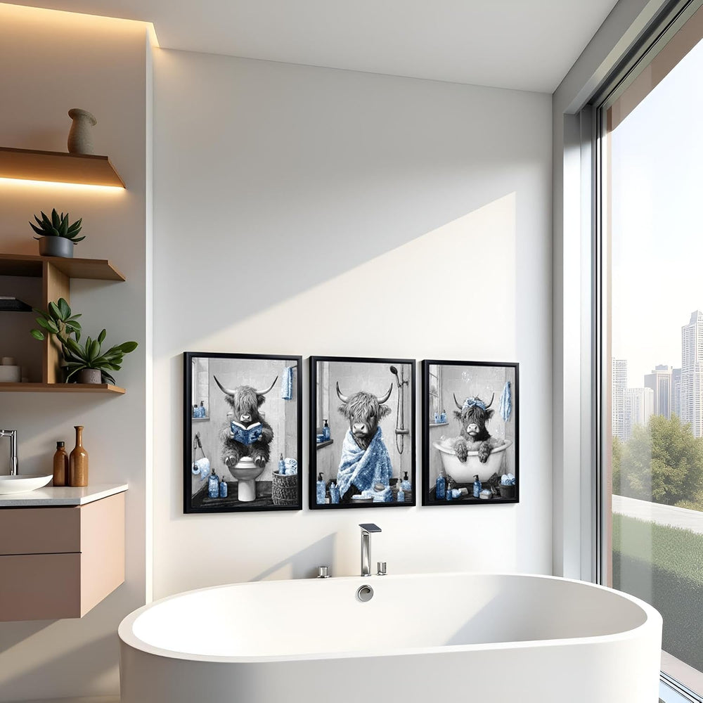 sechars Highland Cow Bathroom Wall Art, Grey and Blue