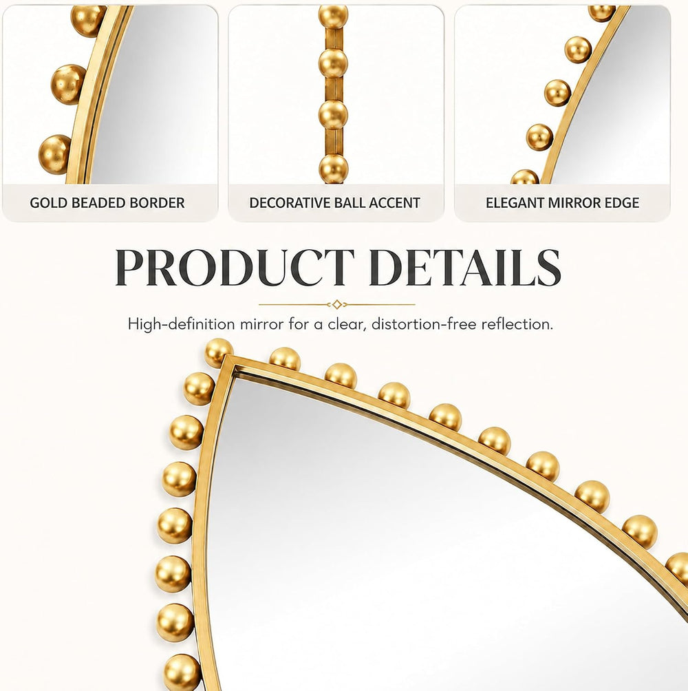 24x36 inch Teardrop Wall Mirror, Antique Gold Beaded Ball Frame