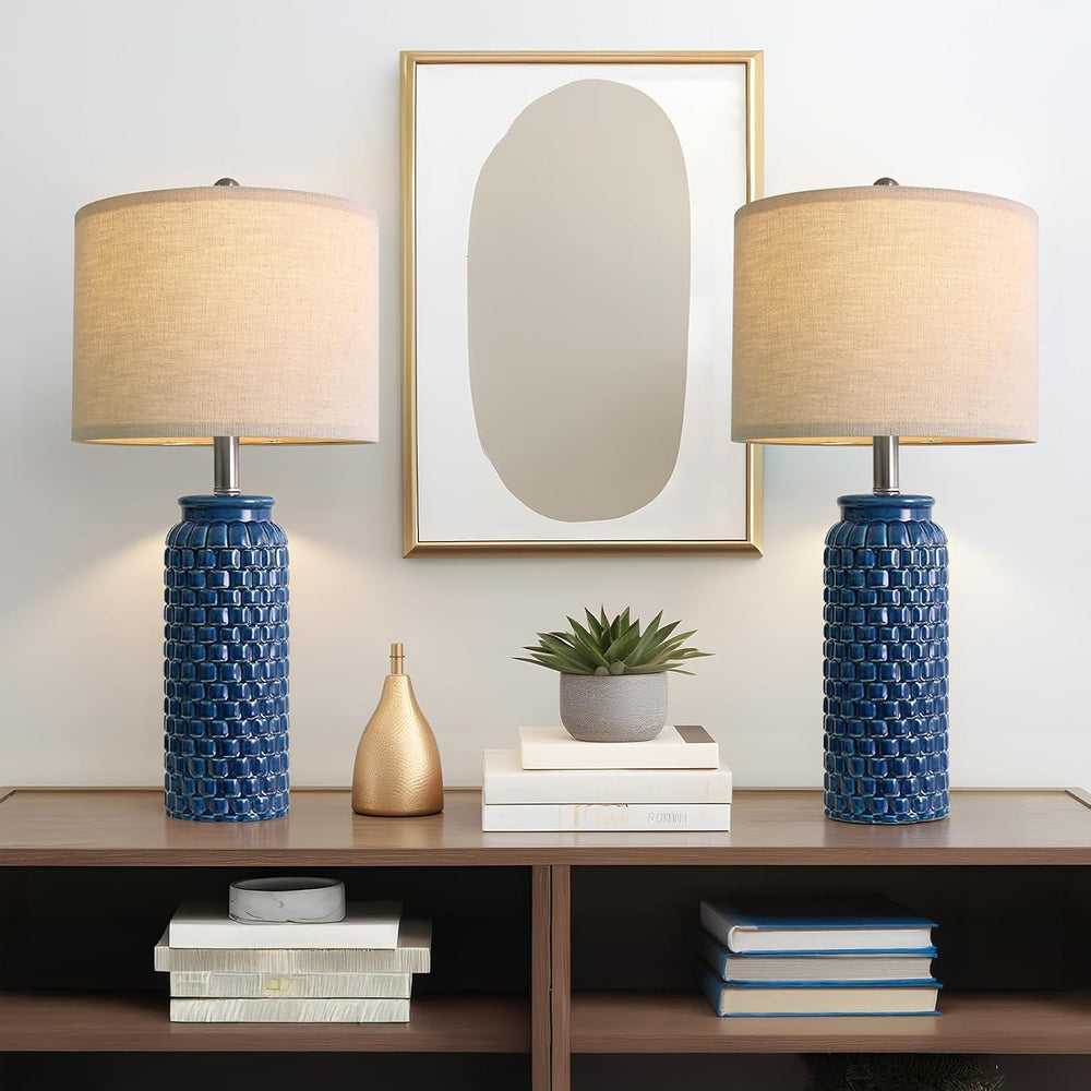 USumkky 24 inches Modern Ceramic Dark Blue Bedside Lamp Set of 2 for Bedroom ...