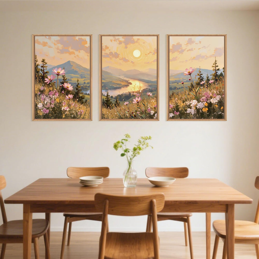 LHIUEM Large Boho Sunset Wildflower Framed Canvas Wall Art,Nature Pink Flower...