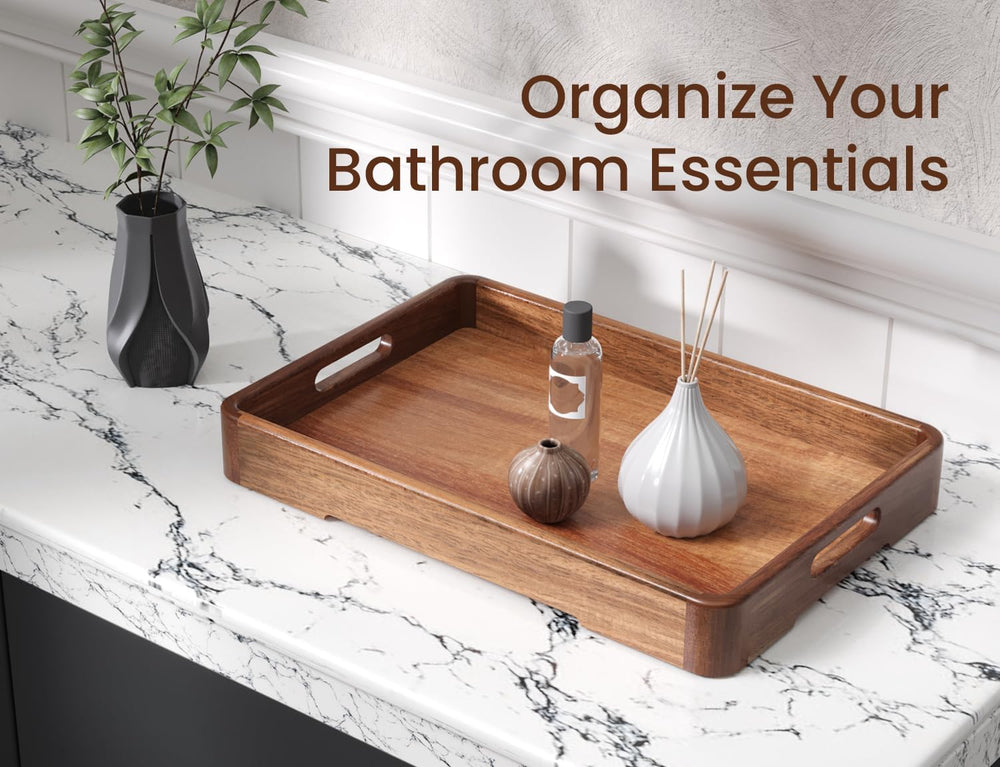 Acacia Wood Set of 2 Rounded Corners Serving Trays with Handles