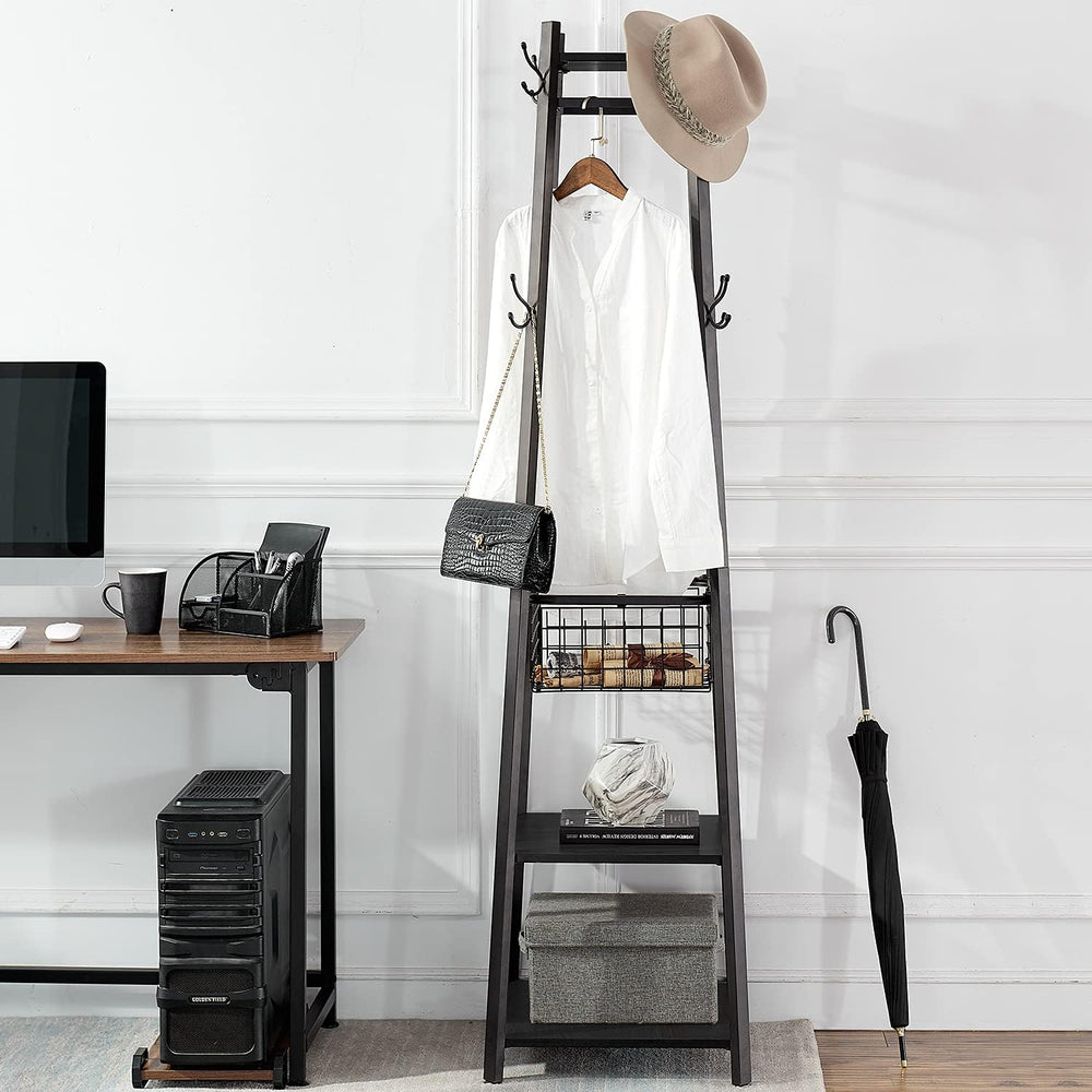VECELO Coat Rack Freestanding,Hall Tree with Metal Basket and Storage Shelves...