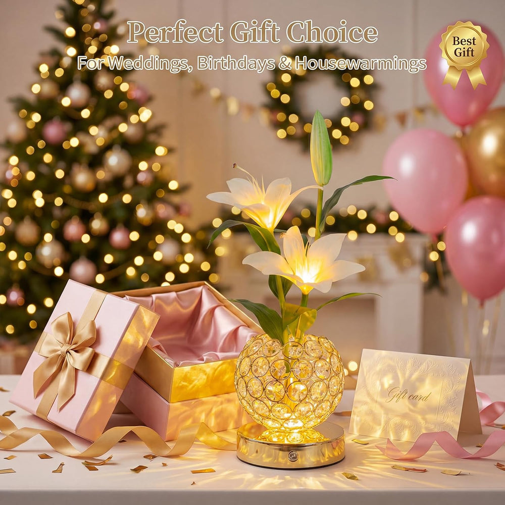 Stargazer Lily Crystal Table Lamp, Rechargeable Touch Flowers Lamp